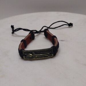 Long Stem Rose Bronze Black Leather Bracelet BA-7